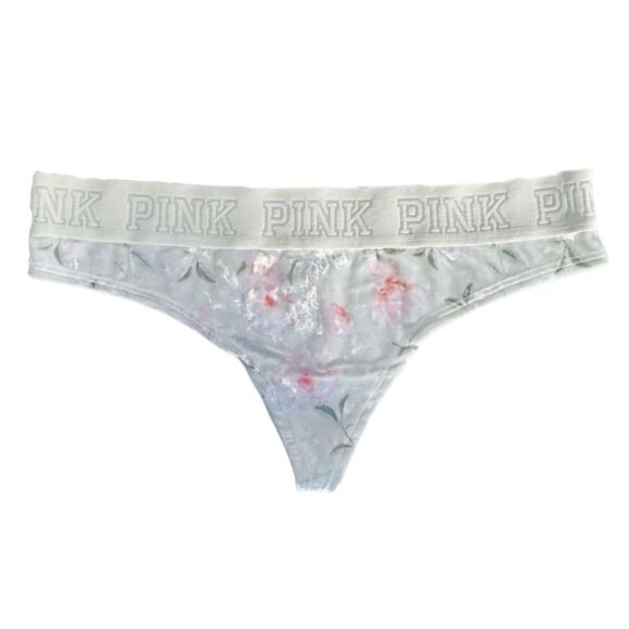 VS Pink Low Rise Velvet Thong - Cream Floral (M) - Picture 2 of 6